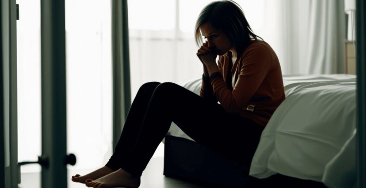Woman sat anxiously on the edge of her bed