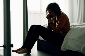 Woman sat anxiously on the edge of her bed