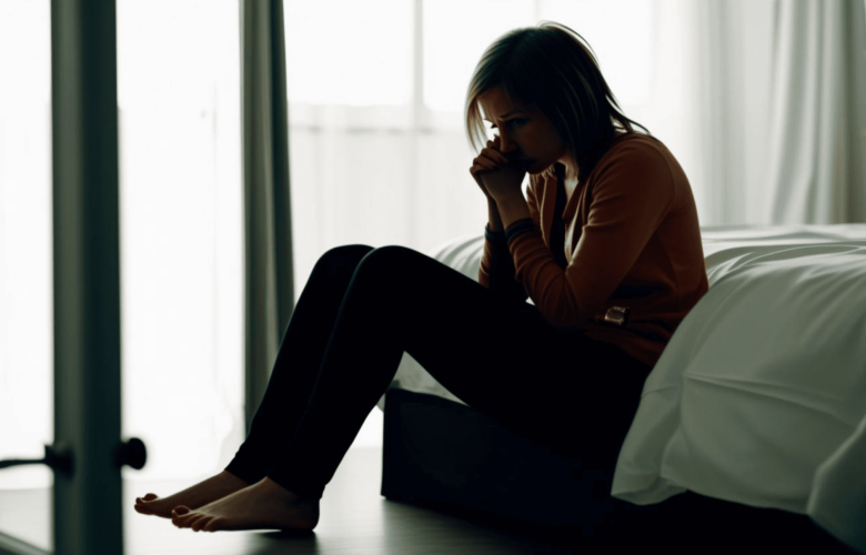Woman sat anxiously on the edge of her bed